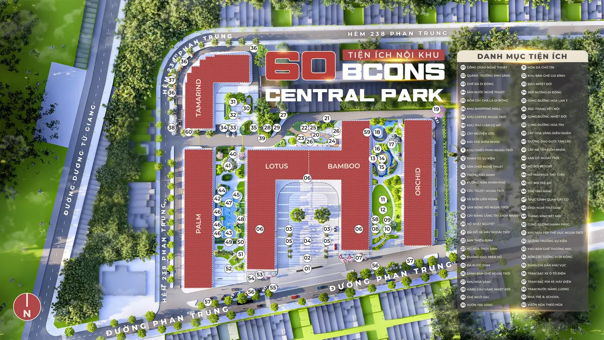 Tổng mặt bằng Bcons Central Park – vị trí 5 tháp Orchid, Bamboo, Lotus, Palm, Tamarind