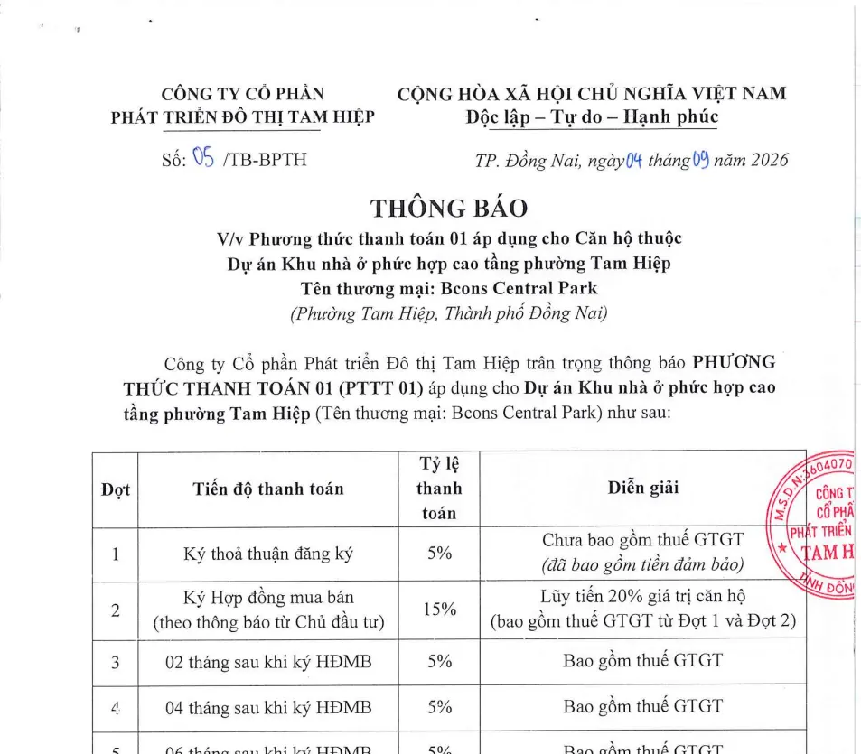 Thông báo 05/TB-BPTH ngày 04/09/2026 về phương thức thanh toán 01