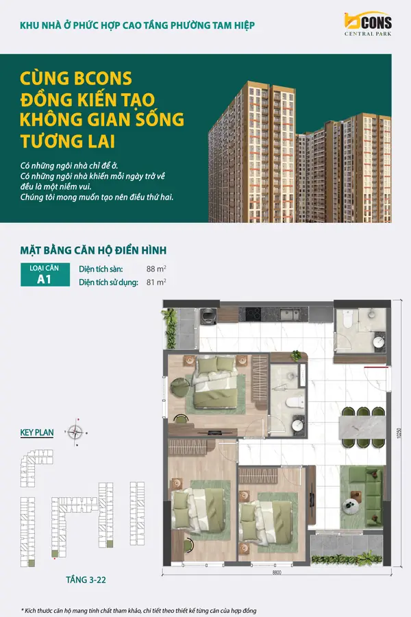 Mặt bằng căn hộ A1 Bcons Central Park – 3 phòng ngủ 88 m²