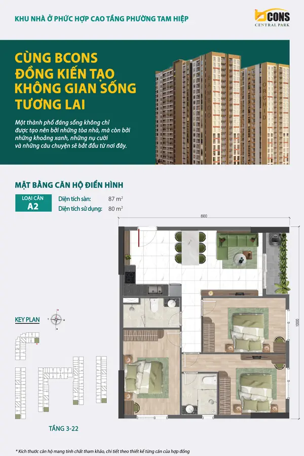 Mặt bằng căn hộ A2 Bcons Central Park – 3 phòng ngủ 87 m²
