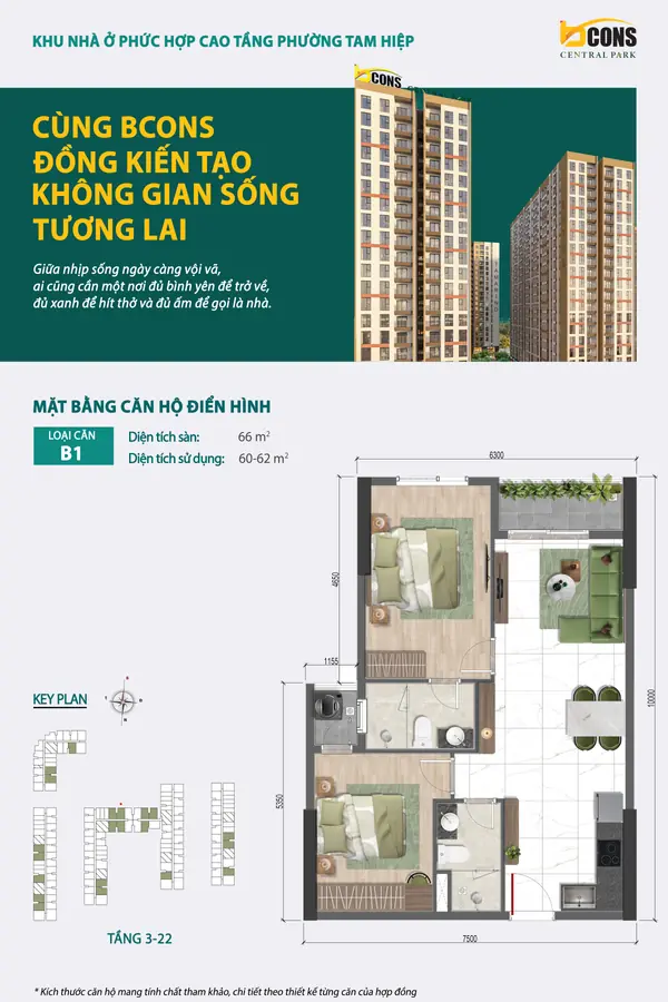 Mặt bằng căn hộ B1 Bcons Central Park – 2 phòng ngủ 66 m²