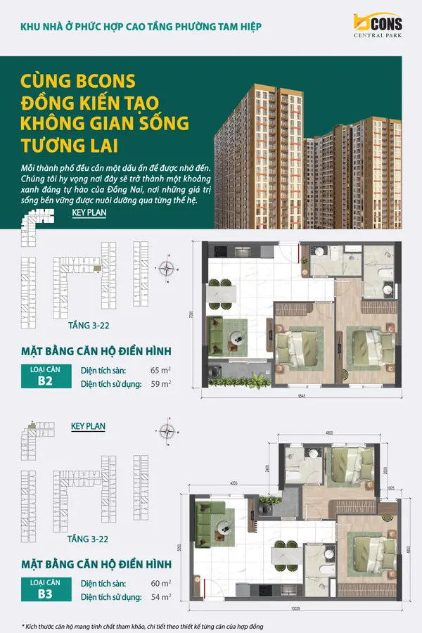 Mặt bằng căn hộ B2 và B3 Bcons Central Park – 2 phòng ngủ 65 và 60 m²