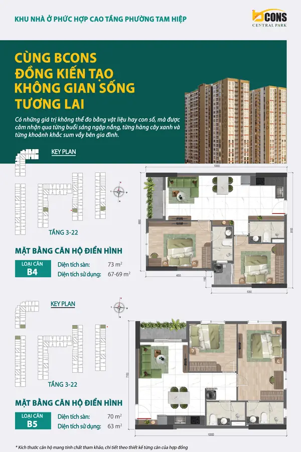 Mặt bằng căn hộ B4 và B5 Bcons Central Park – 2 phòng ngủ 73 và 70 m²