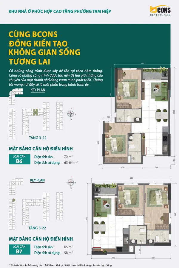 Mặt bằng căn hộ B6 và B7 Bcons Central Park – 2 phòng ngủ 70 và 65 m²