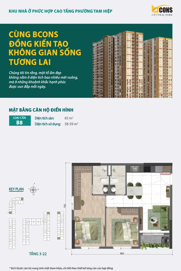 Mặt bằng căn hộ B8 Bcons Central Park – 2 phòng ngủ 65 m²