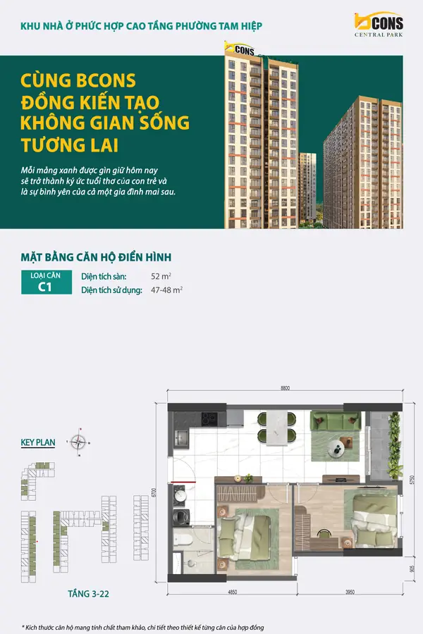 Mặt bằng căn hộ C1 Bcons Central Park – 2 phòng ngủ 52 m²