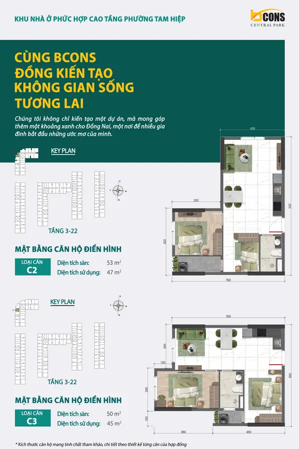 Mặt bằng căn hộ C2 và C3 Bcons Central Park – 2 phòng ngủ 53 và 50 m²