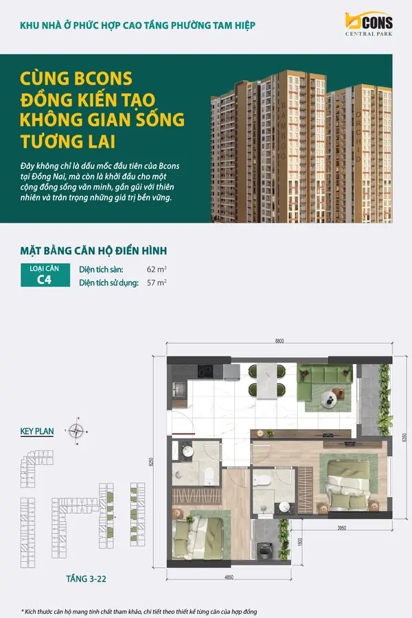 Mặt bằng căn hộ C4 Bcons Central Park – 2 phòng ngủ 62 m²