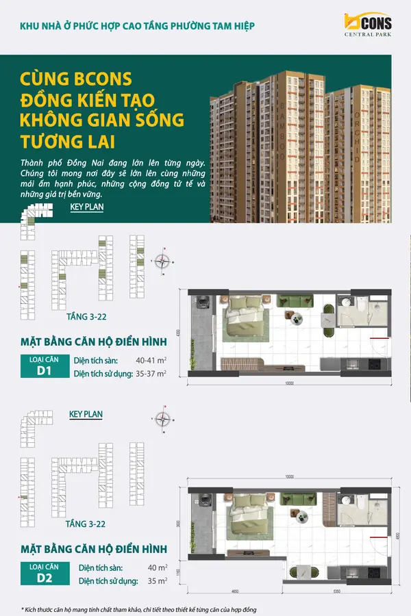Mặt bằng căn hộ D1 và D2 Bcons Central Park – 1 phòng ngủ 40 m²