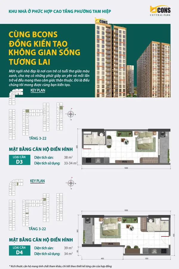 Mặt bằng căn hộ D3 và D4 Bcons Central Park – studio 38 và 39 m²