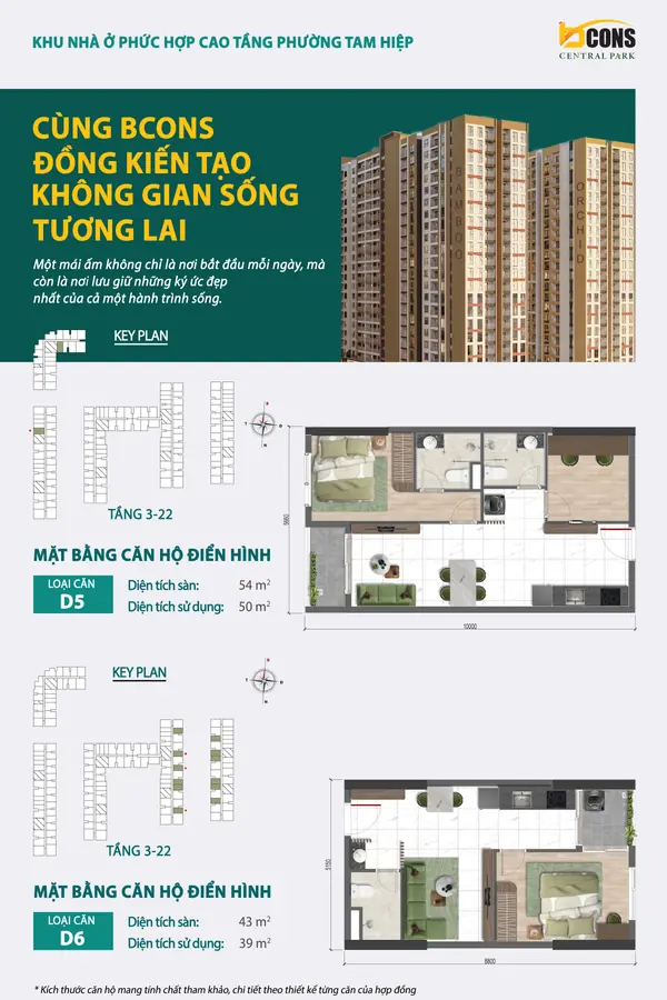 Mặt bằng căn hộ D5 và D6 Bcons Central Park – 54 và 43 m²